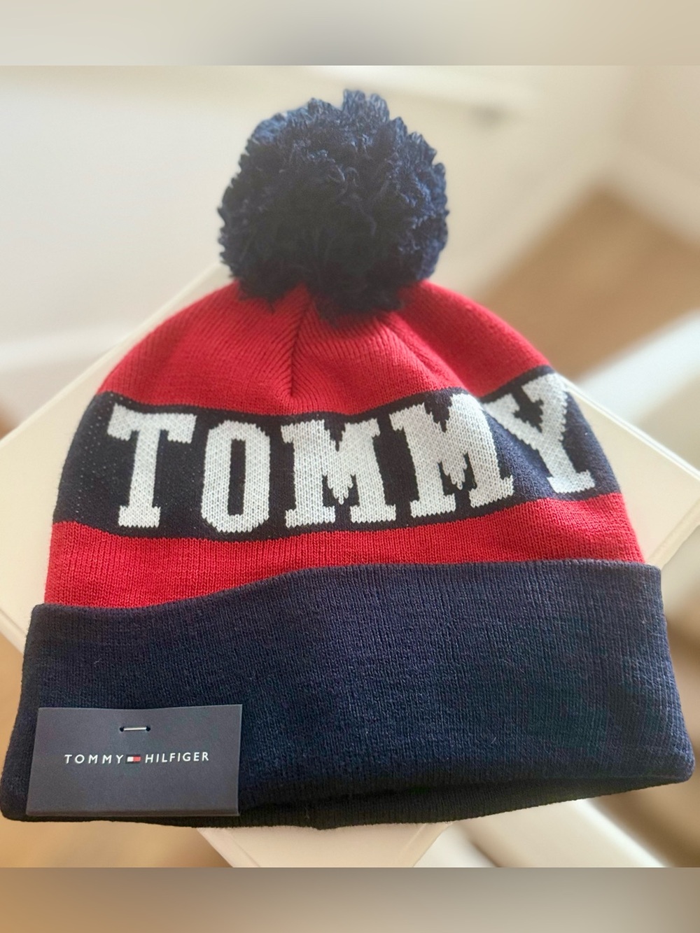 NWT Tommy Hilfiger Pom Beanie Hat | Red Navy White | Unisex | MSRP $42